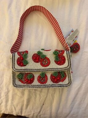 Hand-Beaded White Strawberry Appliqué Shoulder Bag